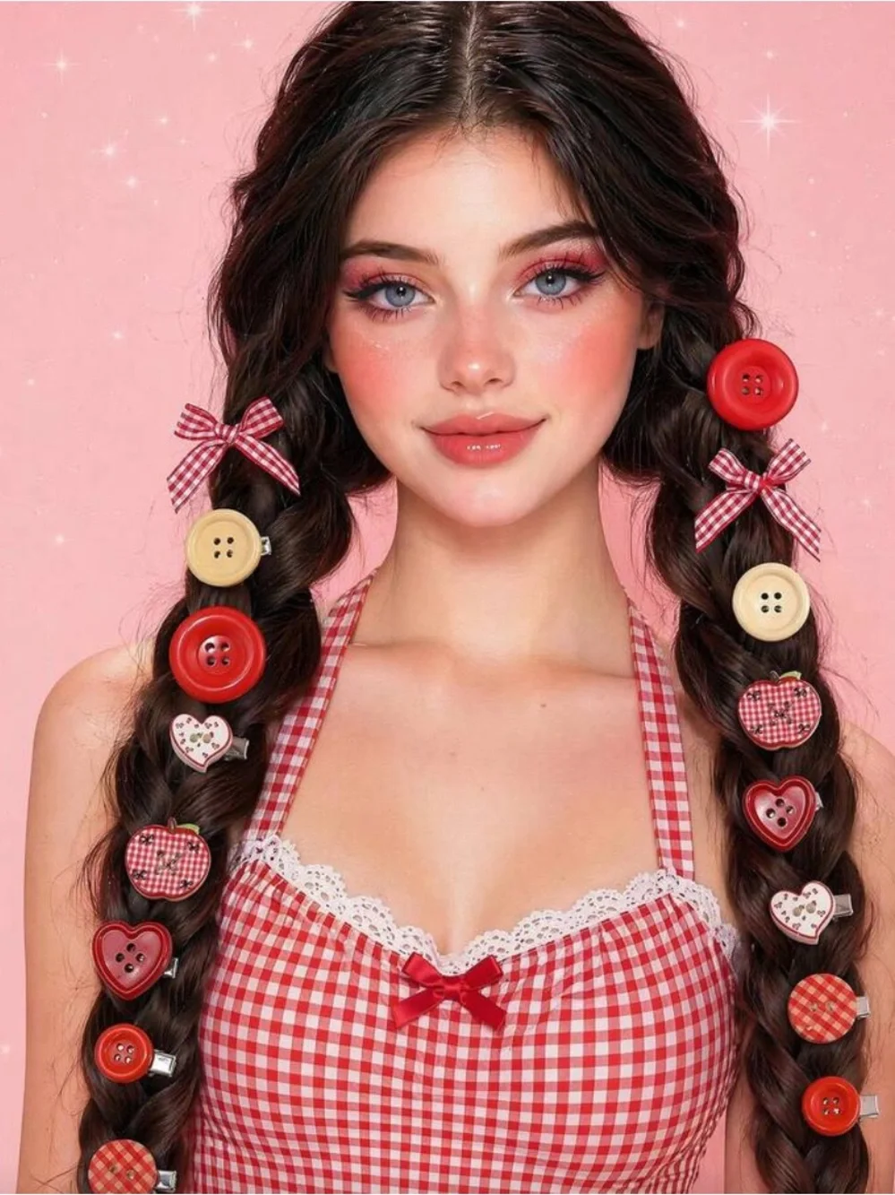 Red Heart & Button Hair Clips Set - Women Accessories